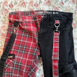 Red Plaid and Black Denim Pants with Straps